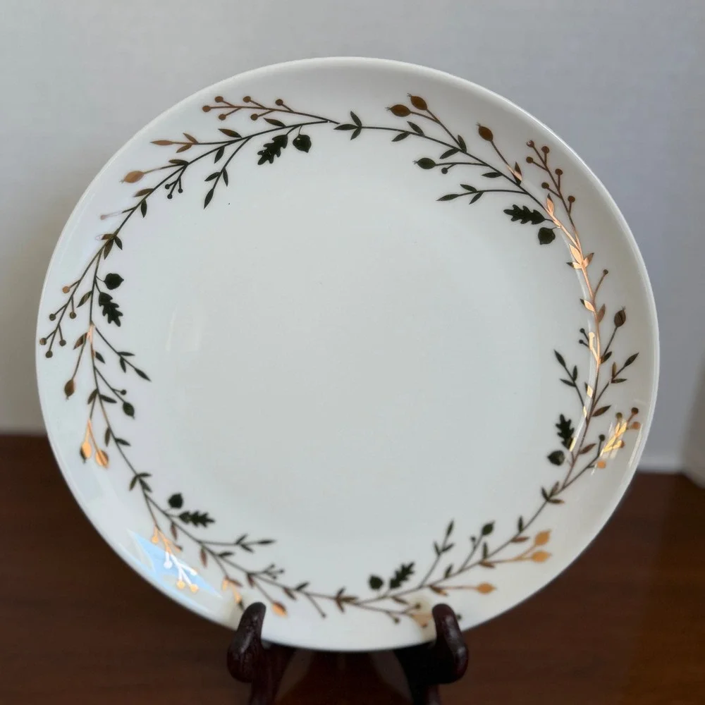 Pier 1 Imports Gilded Wreath Salad Plate Porcelain Gold Green Botanical 8 inch